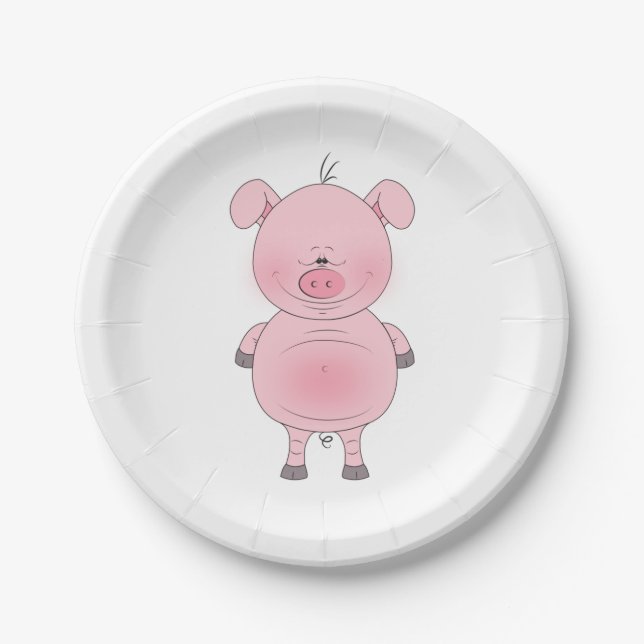 Cheerful Pink Pig Cartoon Paper Plate (Front)