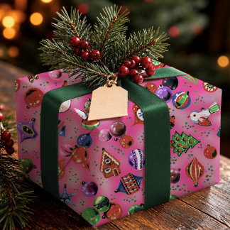Cheerful Pink Retro Christmas Ornaments Wrapping Paper