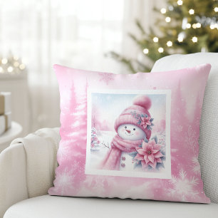 Cheerful Pink Snowman Pinkmas Forest Gift Pillow