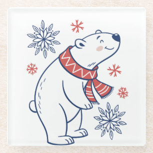 Cheerful Polar Bear Winter Holiday Design Glass Coaster