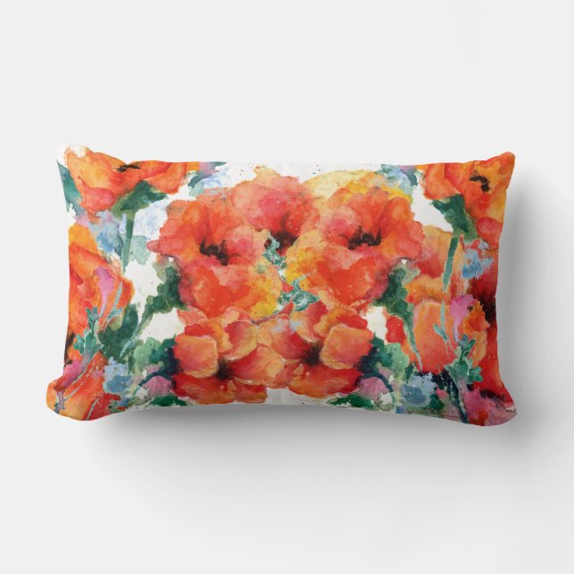 Cheerful Poppies Red Three Long Stemmed Art Lumbar Cushion (Front)