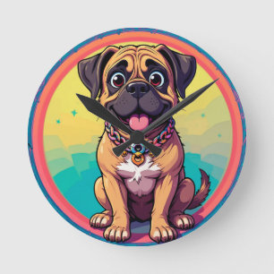  Cheerful Pug Colourful Cartoon Illustration Round Clock