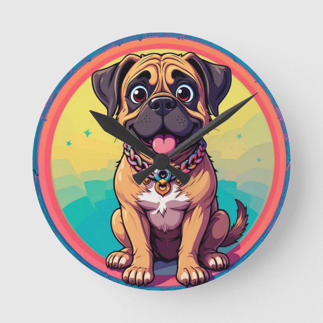  Cheerful Pug Colourful Cartoon Illustration Round Clock (Front)