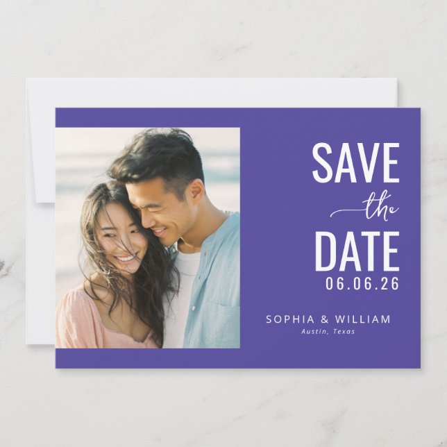 Cheerful Purple Modern Photo Save The Date (Front)