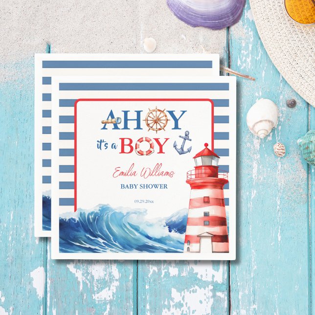 Cheerful Red Blue Maritime Waves Baby Shower Napkin (Creator Uploaded)