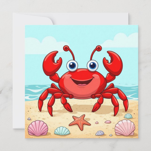 Cheerful Red Cartoon Crab on a Beach with Seashell (Front)