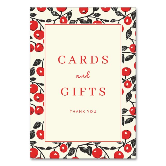 Cheerful Red Cherry Whimsical Border Table Number (Front)