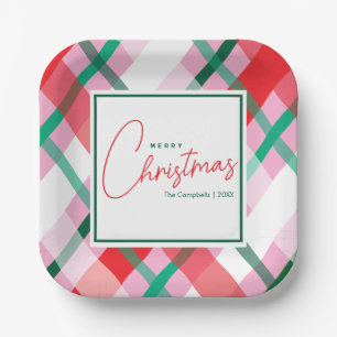 Cheerful Red Green Pink Christmas Plaid Paper Plate