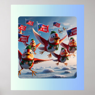 Cheerful Red Robins Spreading Christmas Joy Poster
