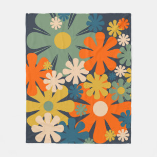 Cheerful Retro 60s 70s Flowers Floral Pattern Fleece Blanket