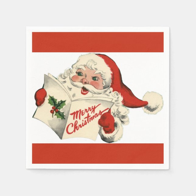 Cheerful Retro Santa Red Paper Napkin (Front)