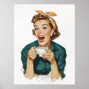 Cheerful Retro Woman Enjoying Coffee Poster