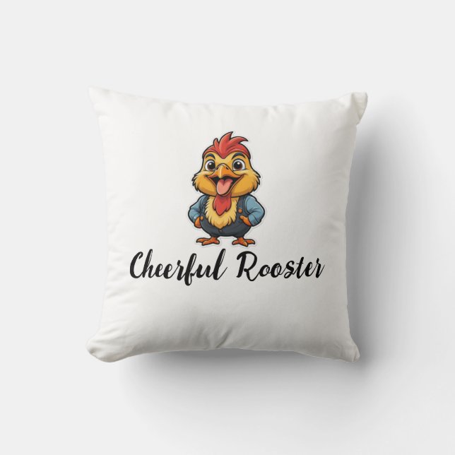 Cheerful Rooster Throw Pillow – Adorable Cartoon  (Front)
