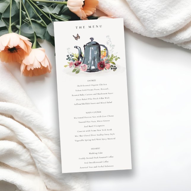 Cheerful Roses Floral Teapot Wedding Menu Card (Creator Uploaded)