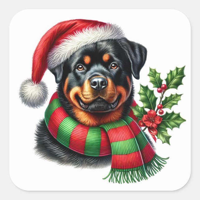Cheerful Rottweiler With Christmas Hat and Scarf Square Sticker (Front)