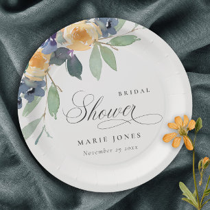 Cheerful Rustic Yellow Blue Floral Bridal Shower Paper Plate