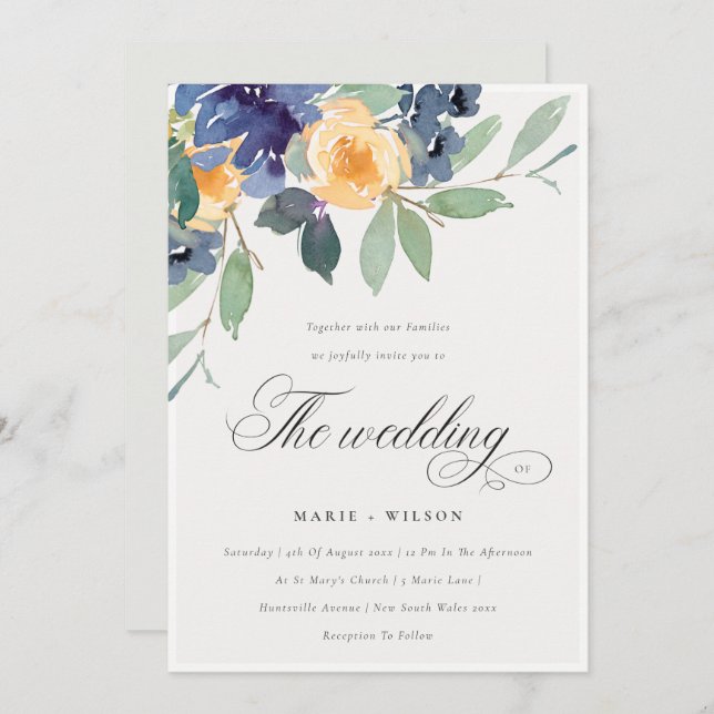 Cheerful Rustic Yellow Blue Floral Wedding Invite (Front/Back)