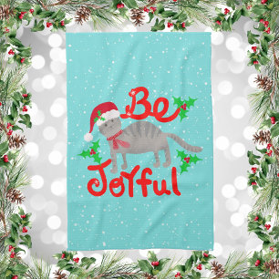 Cheerful Santa Cat Holly Be Joyful Design Tea Towel