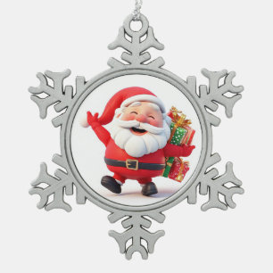 Cheerful Santa Claus Carrying Festive Gifts Snowflake Pewter Christmas Ornament