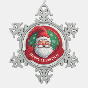 Cheerful Santa Claus Cartoon Portrait Snowflake Pewter Christmas Ornament