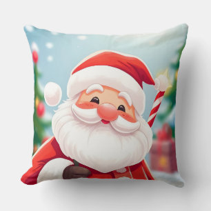 Cheerful Santa Claus Holding a Candy Cane Cushion