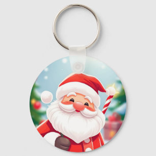 Cheerful Santa Claus Holding a Candy Cane Key Ring