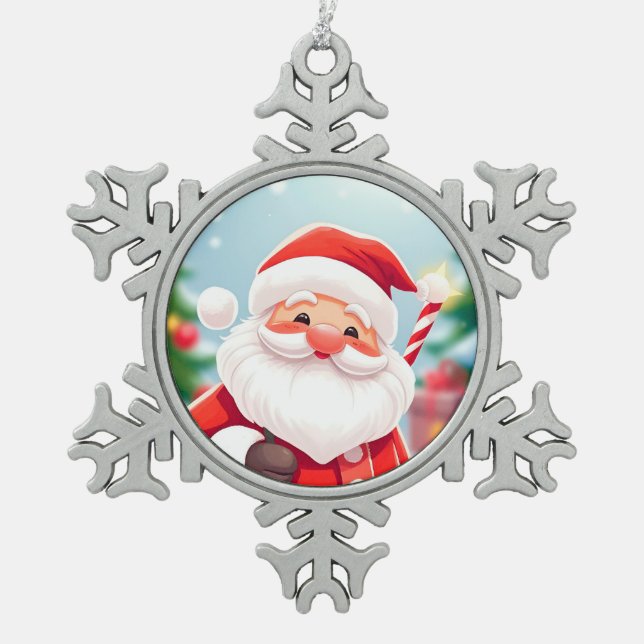 Cheerful Santa Claus Holding a Candy Cane Snowflake Pewter Christmas Ornament (Front)