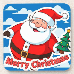 Cheerful Santa Claus Holding a Tiny Christmas Tree Coaster