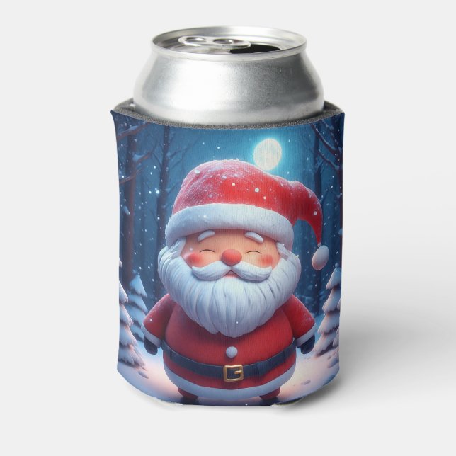 Cheerful Santa Claus In Snowy Forest Can Cooler (Can Back)