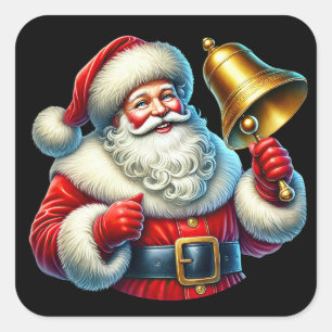 Cheerful Santa Claus Ringing a Christmas Bell Bk Square Sticker
