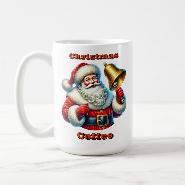 Cheerful Santa Claus Ringing a Christmas Bell Coffee Mug (Left)