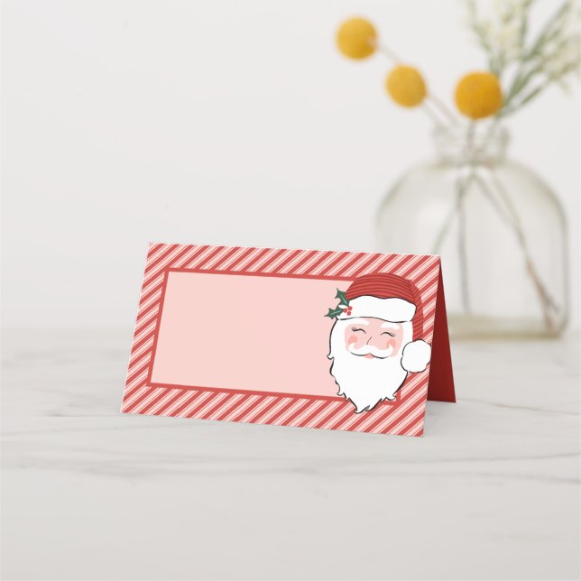 Cheerful Santa Face | Pink and Red Stripe Place Card (Front)