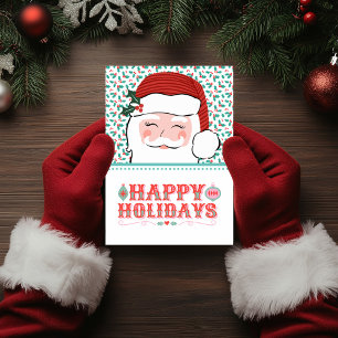 Cheerful Santa Happy Holidays   Pink and Red Holly Holiday Card