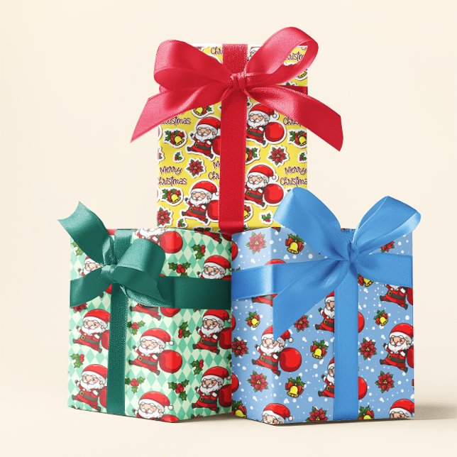 Cheerful Santa Holly Bells Merry Christmas Pattern Wrapping Paper Sheet (Creator Uploaded)