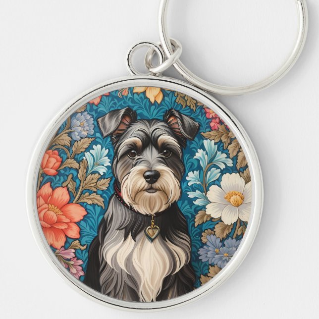 Cheerful Schnauzer William Morris Inspired Floral Key Ring (Front)