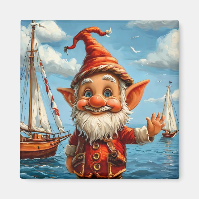 Cheerful Sea Gnome: Greeting at the Pier.  Magnet (Front)