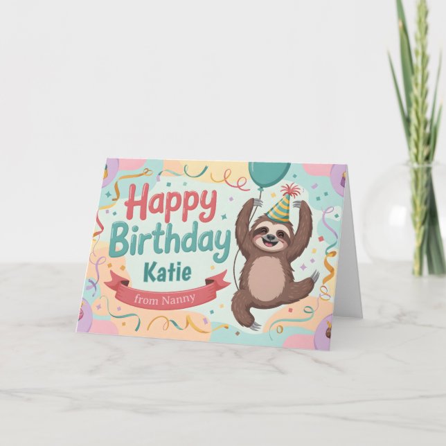 Cheerful Sloth Custom Happy Birthday Greeting Card (Front)