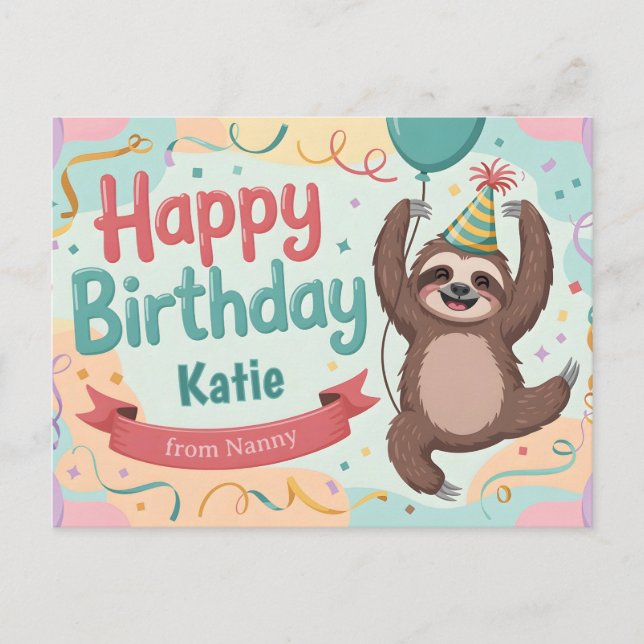 Cheerful Sloth Custom Happy Birthday Greeting Postcard (Front)