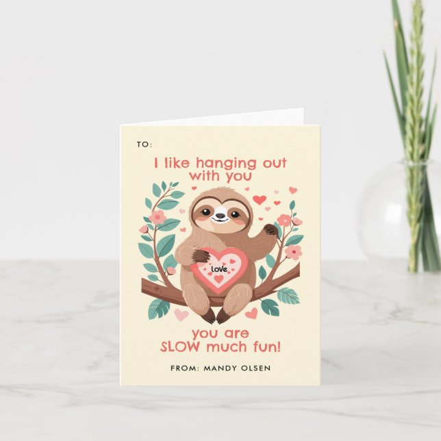 Cheerful Sloth Pun Classroom Valentine's Day Note Card (Front)