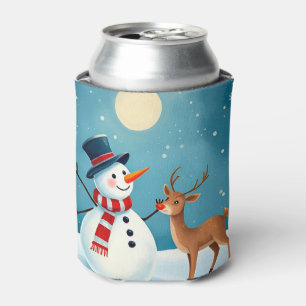 Cheerful Snowman and Reindeer Can Cooler