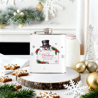 Cheerful Snowman Christmas New Year Greetings Hip Flask
