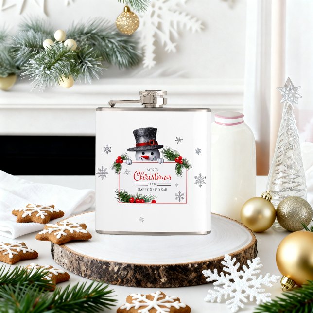Cheerful Snowman Christmas New Year Greetings Hip Flask (Creator Uploaded)
