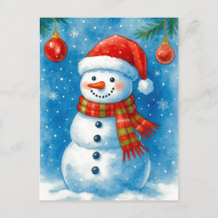 Cheerful Snowman Christmas Watercolor Postcard