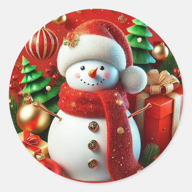 Cheerful Snowman Classic Round Sticker (Front)