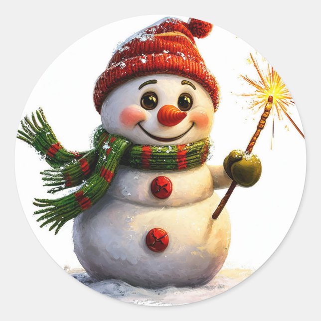 Cheerful Snowman Classic Round Sticker (Front)