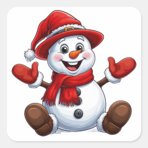 Cheerful Snowman Dressed In Red With Hat Square Sticker