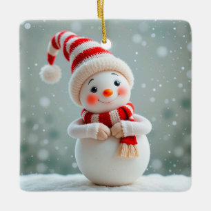 Cheerful Snowman Figurine with Holiday Hat Ceramic Ornament