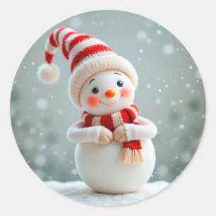 Cheerful Snowman Figurine with Holiday Hat Classic Round Sticker