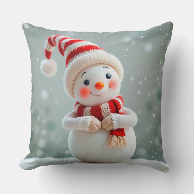 Cheerful Snowman Figurine with Holiday Hat Cushion (Front)