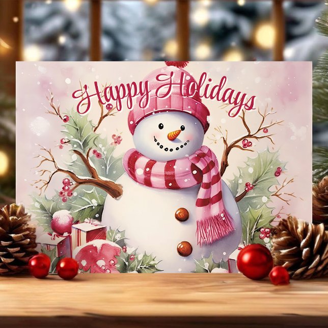 Cheerful Snowman in Pink Scarf  Holiday Card (Creator Uploaded)